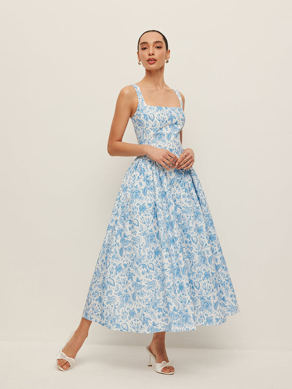 Cepli Kare Yaka Baskılı Elbise 