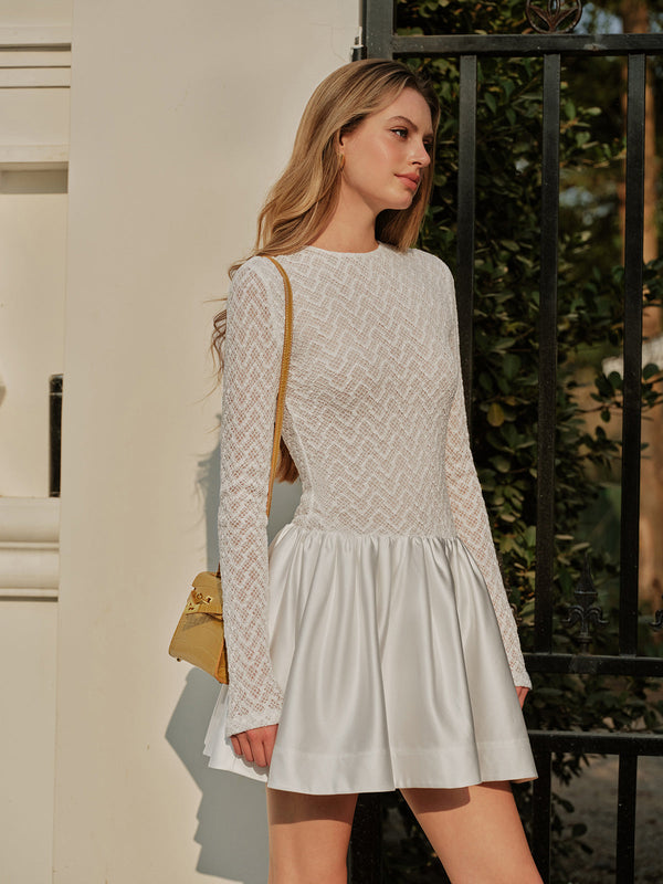 Yarı Şeffaf Dantel Saten Panel Uzun Kollu Elbise 