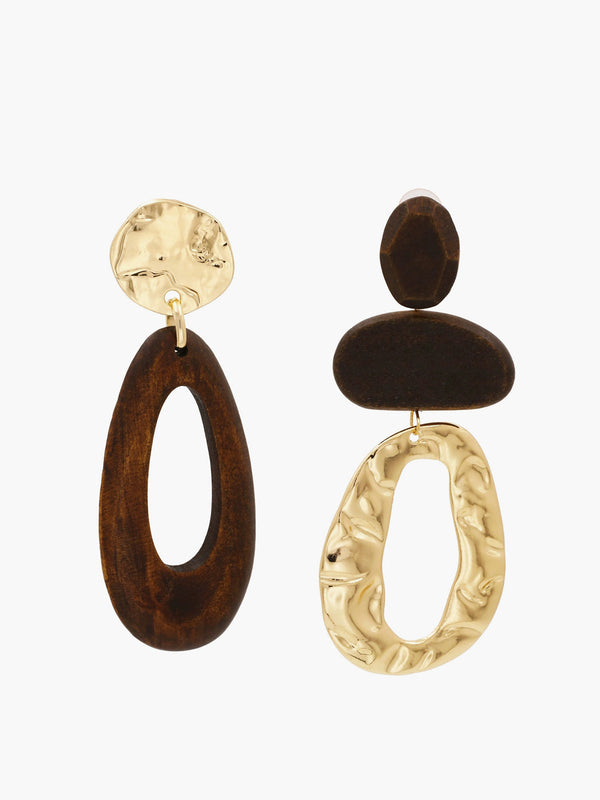 Asimetrik Ahşap ve Metal Damla Küpeler 