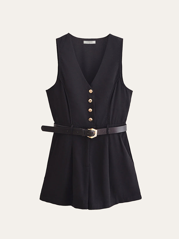 Gold Button Detail Belted Jumpsuit