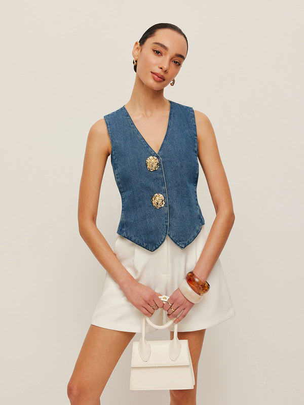 Tailored Denim Button-Up Vest