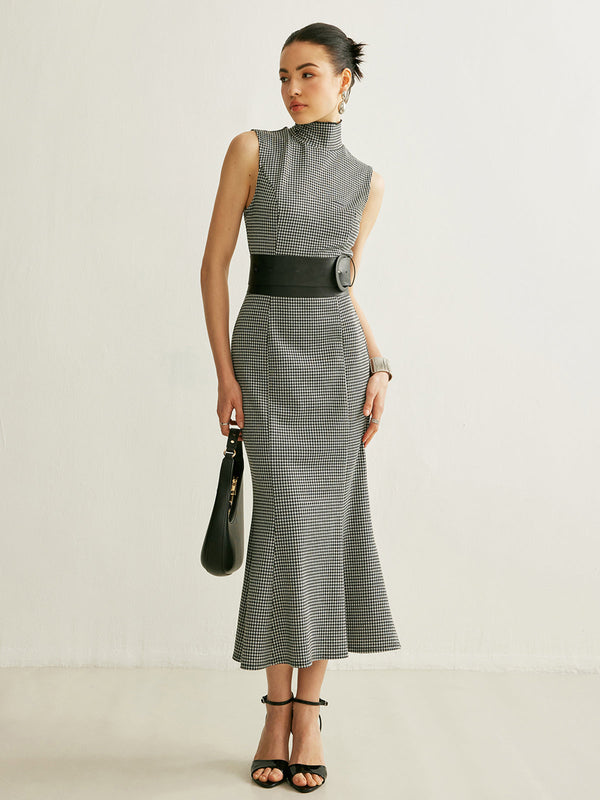 Kemerli Ekose Kolsuz Elbise 