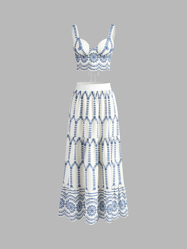 Baskılı Kolsuz Bağcıklı Etek Takımı 