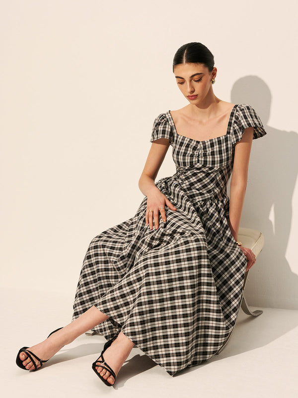 Dama Tahtası Puf Kollu Elbise 