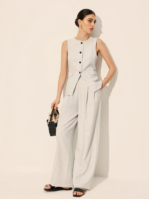 Mid-Waist Pleated Wide-Leg Pants