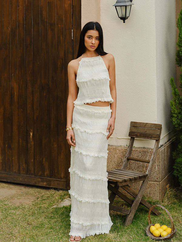 Smocked Halter Crop Top With Tiered Skirt Set