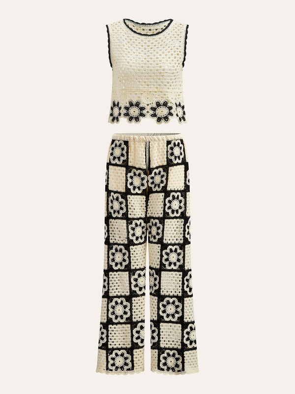 Tığ İşi Çiçekli Üst ve Pantolon Takımı 