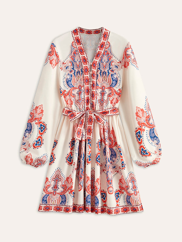 Floral Print Buttoned Belted Dress