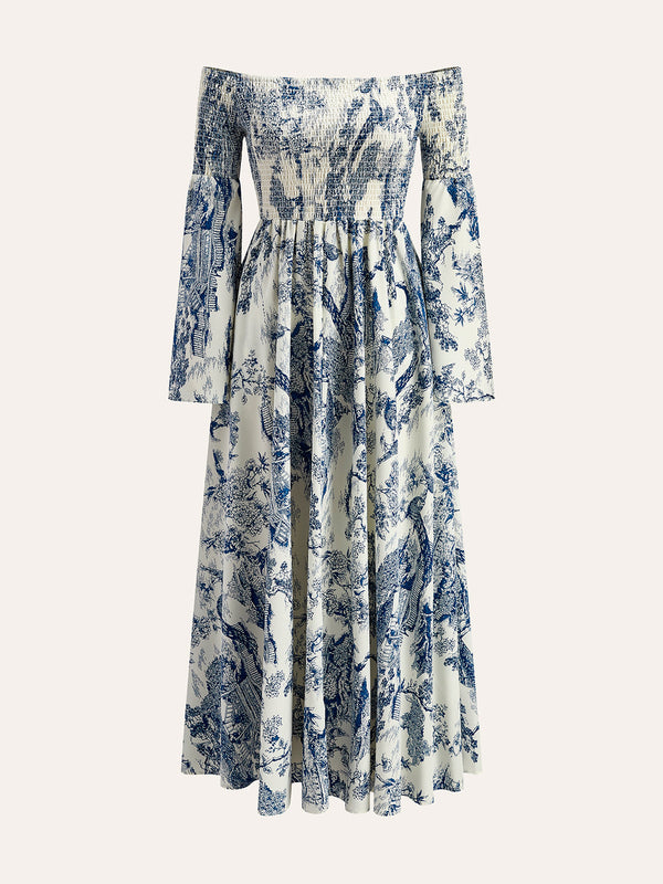 Baskılı Omuz Açık Fırfırlı Kollu Elbise 