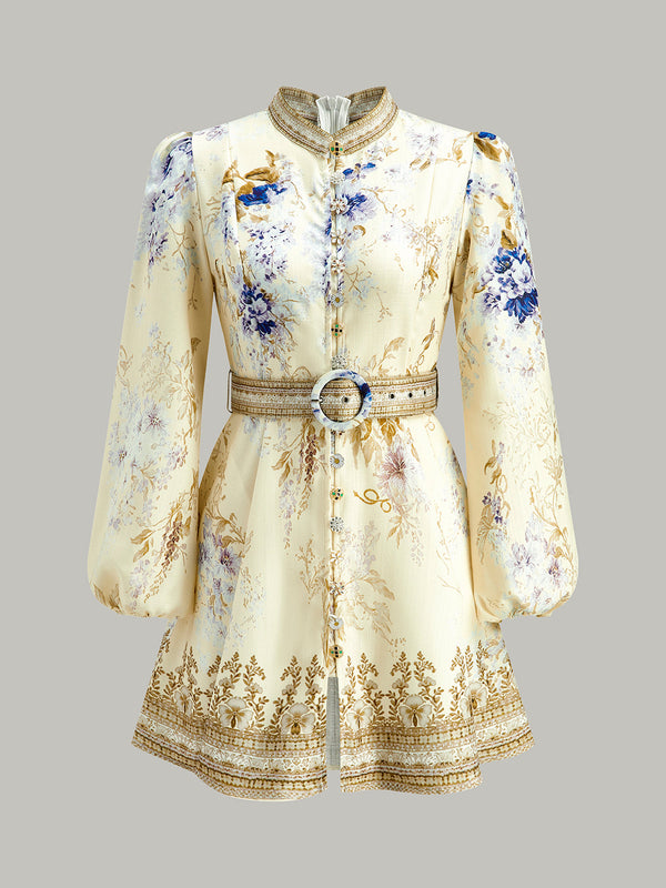 Çiçek Desenli Kabarık Kollu Kemerli Elbise 