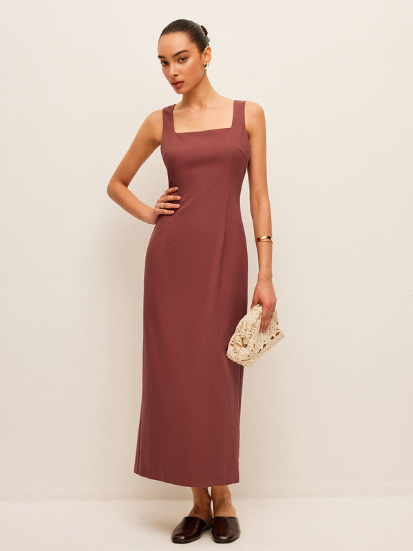 Pamuk ve Keten Sırt Yırtmaçlı Elbise 