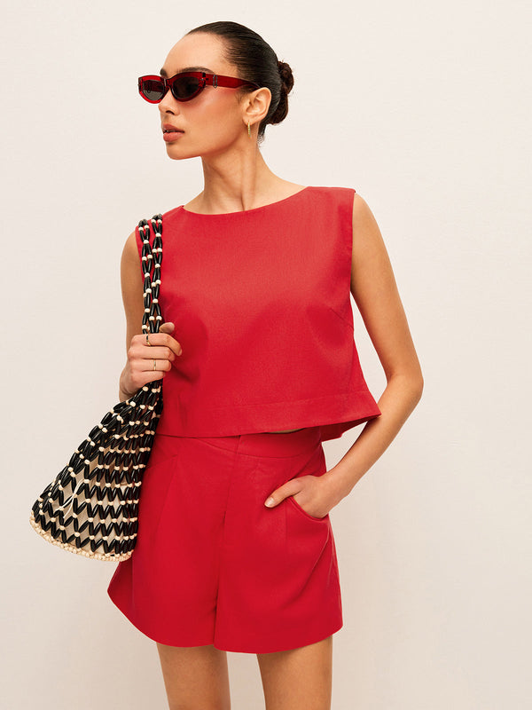 Pamuk ve Keten Kolsuz Üst Şort Takımı 