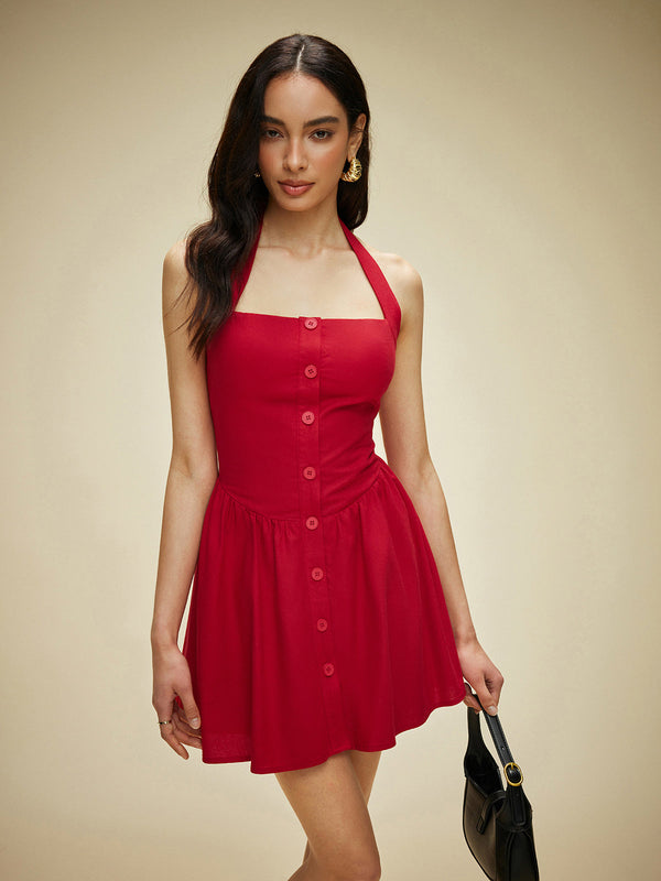 Cotton & Linen Halter Neck Button-Front Dress