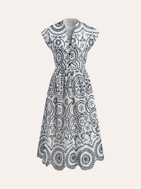 Embroidered V-Neck Belted Dress