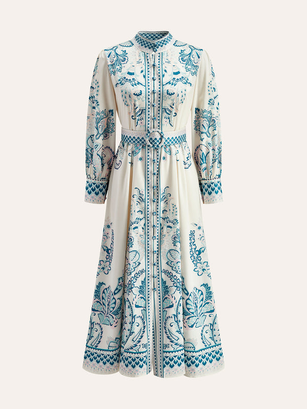 Baskılı Düğme Detaylı Kemerli Elbise 