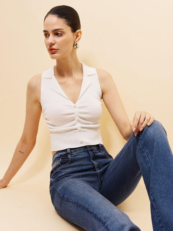 Kolsuz Önü Düğmeli Kırpılmış Kazak Yelek 