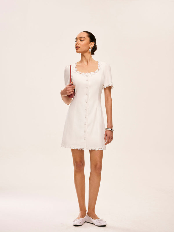 Pamuk ve Keten Dantelli Düğme Detaylı Elbise 