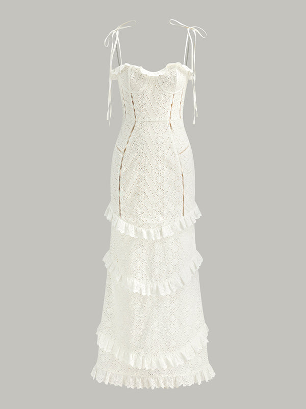 Lace-Up Tie Strap Ruffled Slit Dress