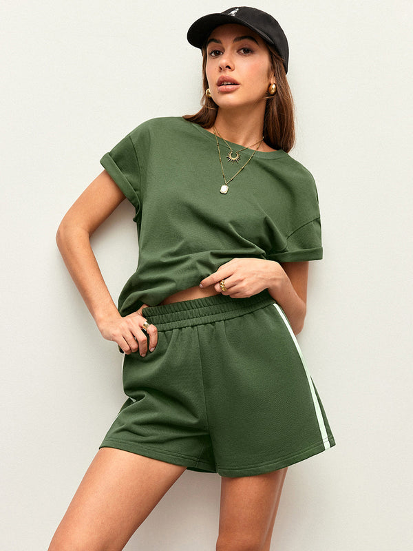 Pamuklu Çizgili Yan Detaylı Şort Takımı 