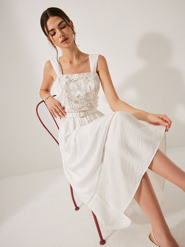 Cotton Floral Lace Belted Dress