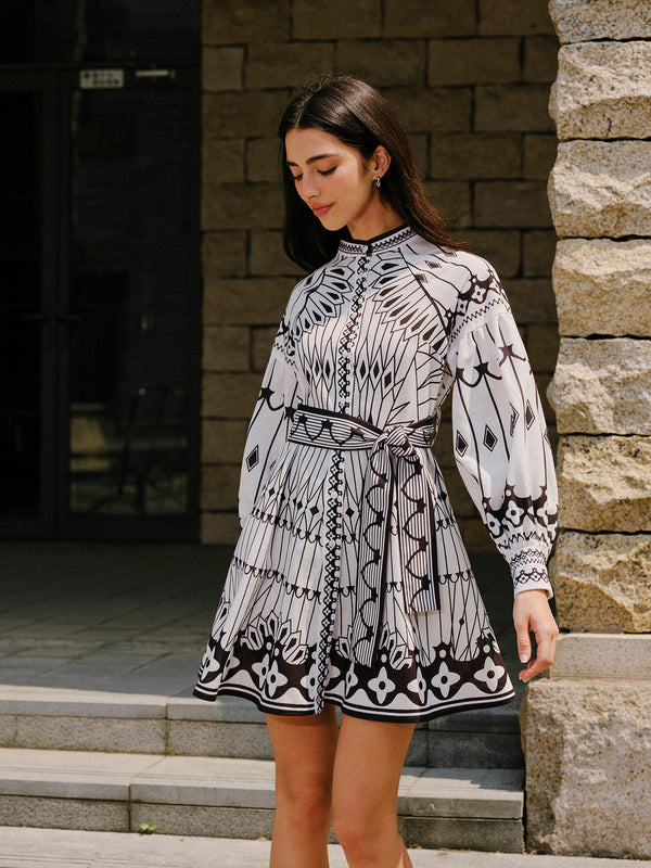 Keten Karışımlı Uzun Kollu Kemerli Elbise 