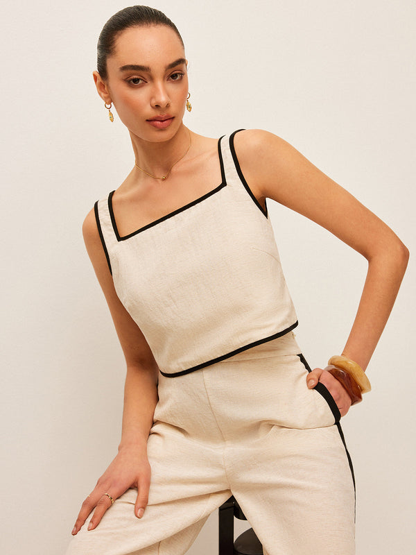 Pamuk ve Keten Kontrast Kesim Kare Yakalı Atlet 