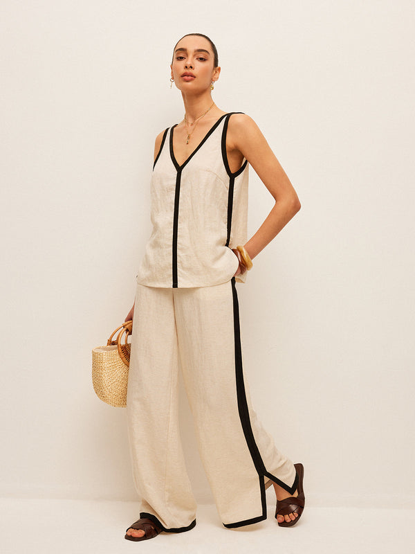 Pamuk ve Keten Kontrast Kesim V Yaka Pantolon Takımı 