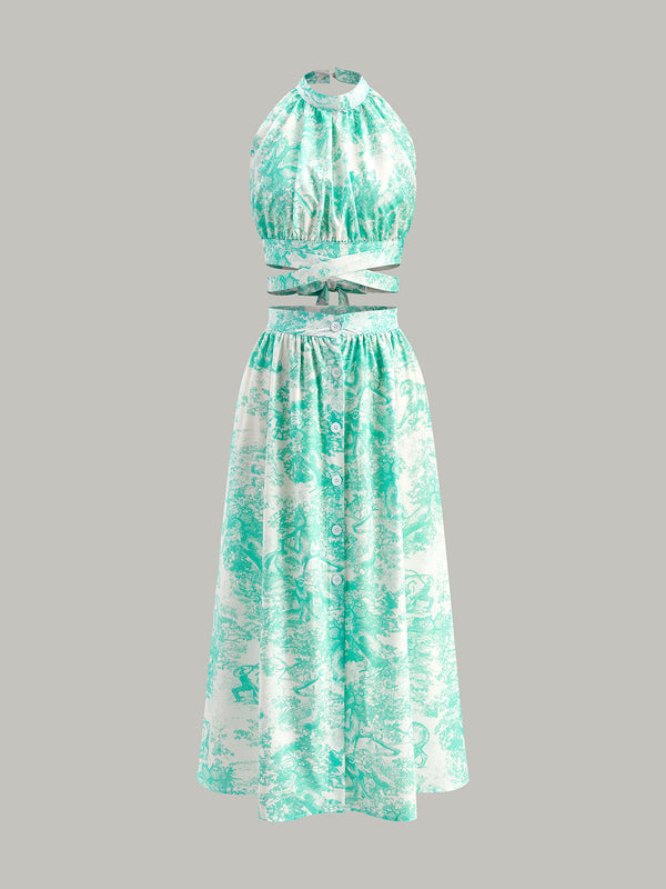 Halter Yaka Sırtı Açık Önü Düğmeli Etek Takımı 