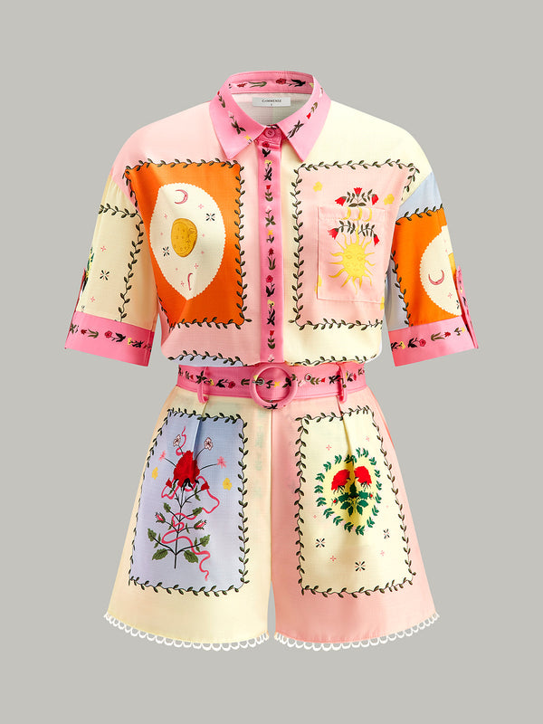 Kemerli Çiçek Desenli Şort Takımı 