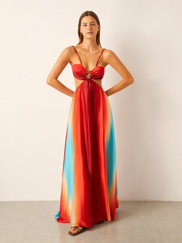 Saten Kesik Bel Degrade Elbise 