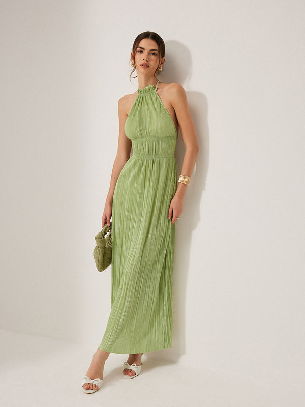 Pileli Askılı Sırt Dekolteli Elbise 