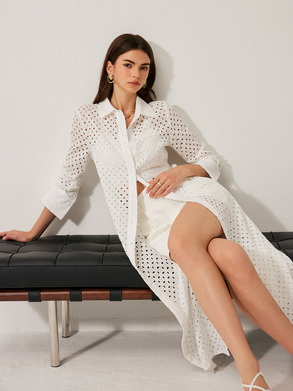 Yarı Şeffaf Pamuklu Oyuk Panelli Bağlamalı Yaka Elbise 