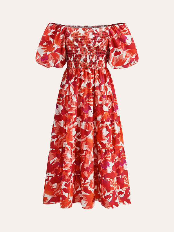 Off-Shoulder Smocked Floral Dress