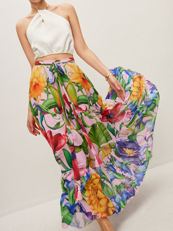 Semi-Sheer Floral Print Belted Chiffon Skirt