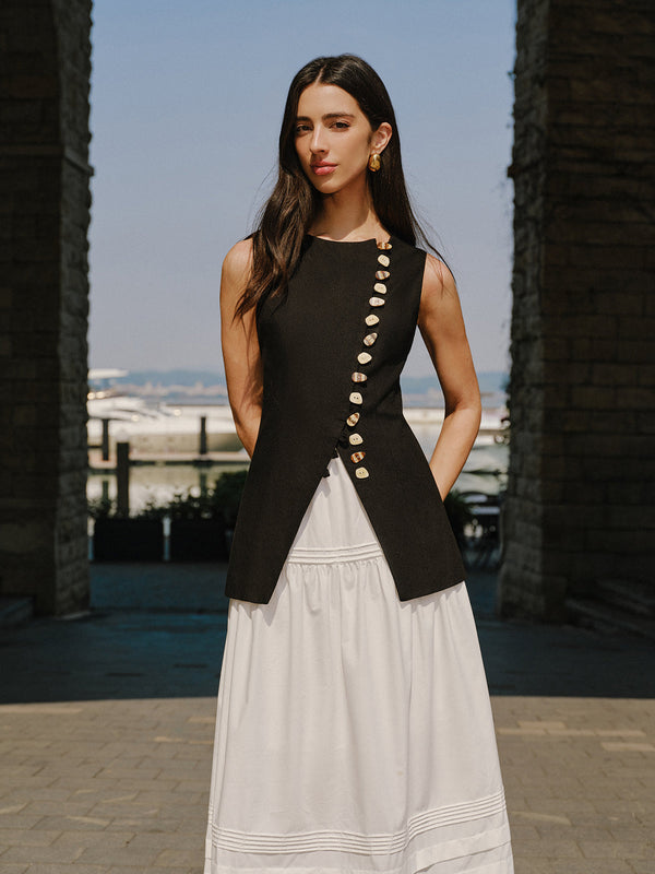 Keten Karışımlı Düğme Detaylı Yelek 