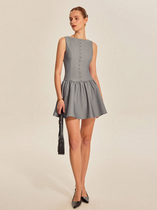 Button Front Pleated Sleeveless Dress