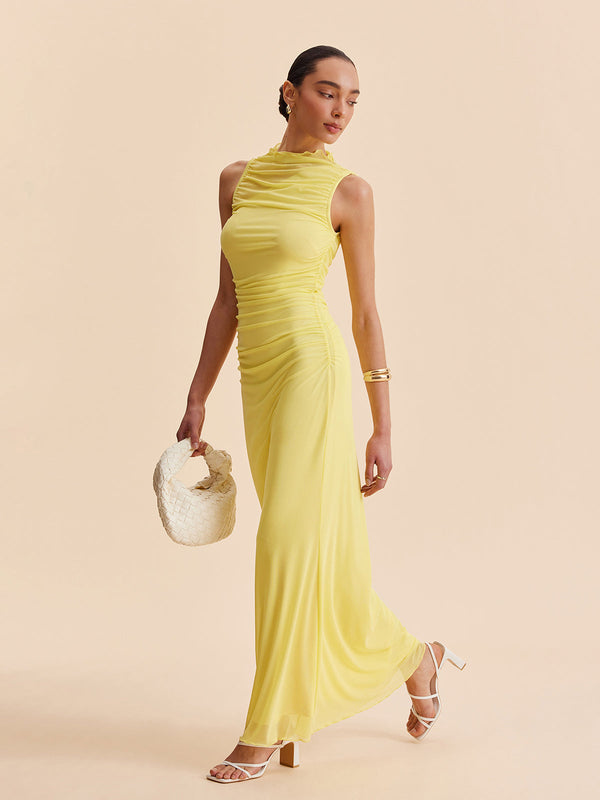 Fileli Büzgülü Kolsuz Elbise