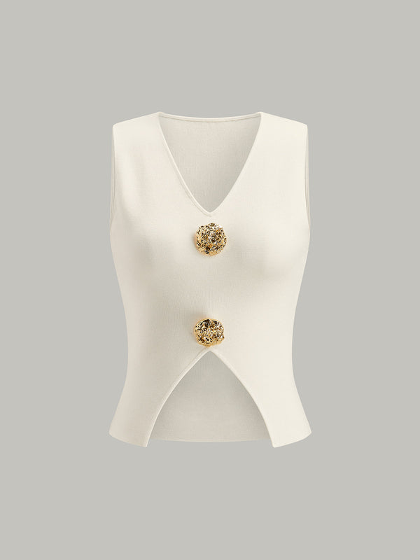 Metal Detaylı V Yakalı Yırtıklı Kazak Yelek 