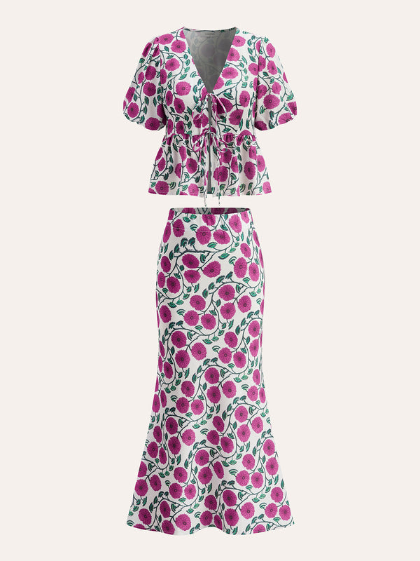 Boho V Yaka Bağcıklı Puf Kollu Etek Takımı 