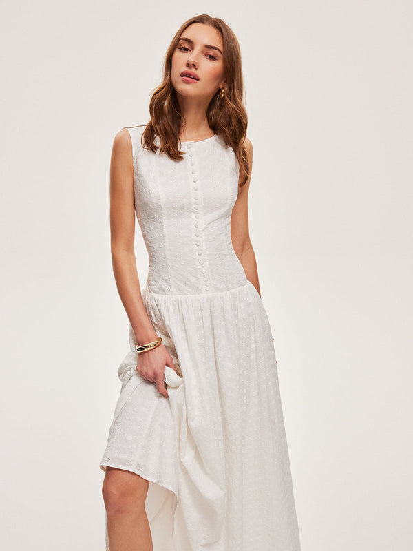 Button-Front Cotton Sleeveless Dress