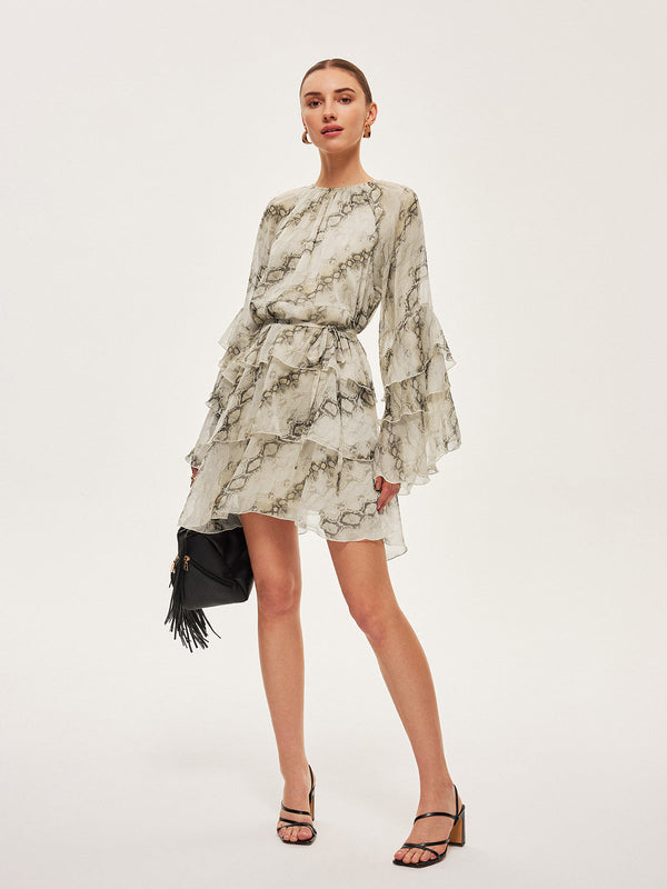 Şeffaf Baskılı Volanlı Bağcıklı Elbise 