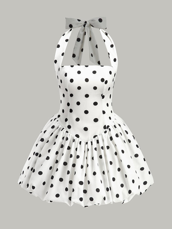 Polka Dot Bow Halter Zipper Dress