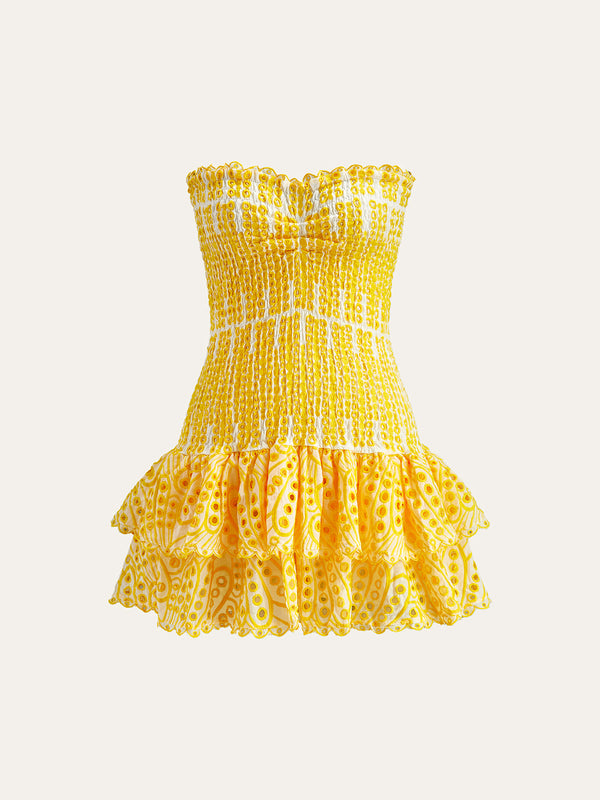 Pamuklu Kalp Yaka İşlemeli Askısız Elbise 