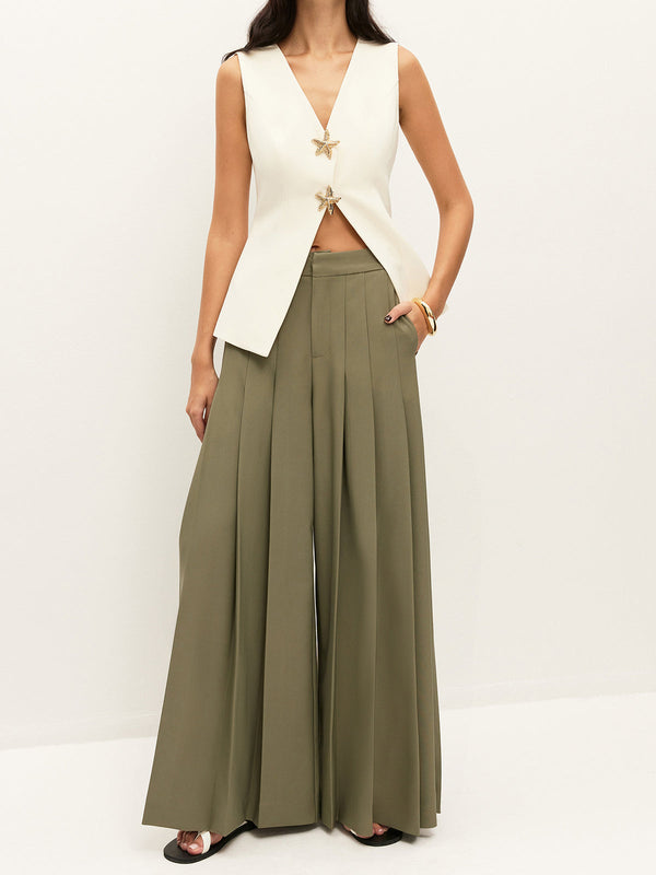 Mid-Waist Pleated Zipper Wide-Leg Pants With Pockets