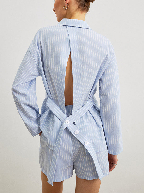 Pamuklu Çizgili Sırt Bağlamalı Gömlek Şort Takımı 
