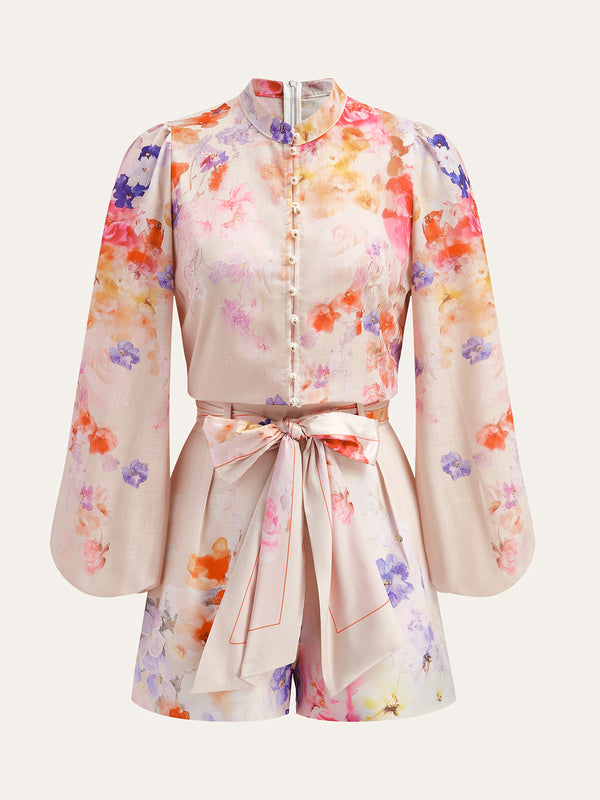 Watercolor Floral Belted Shorts Set