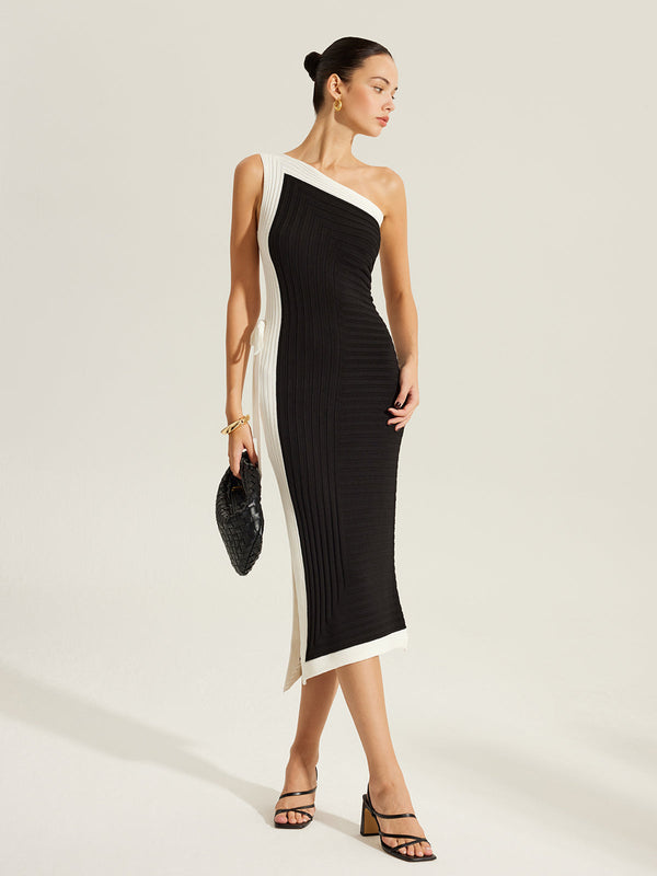 Yan Bağlamalı Renk Bloklu Tek Omuzlu Örgü Elbise 