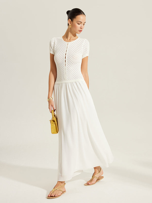 Şeffaf Panelli Önü Düğmeli Örgü Elbise 