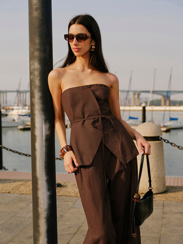 Cotton & Linen Strapless Peplum Top With Tie