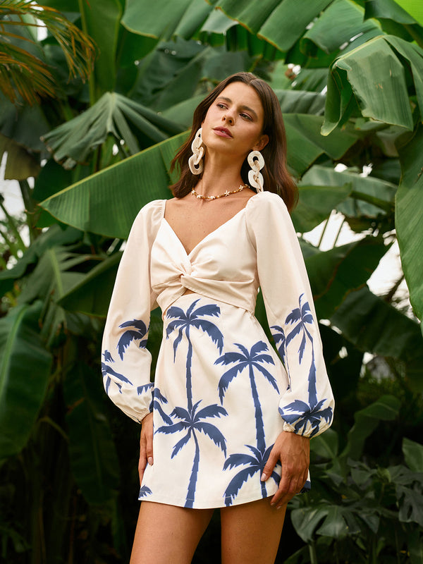 Uzun Kollu Büküm Ön Baskılı Elbise 